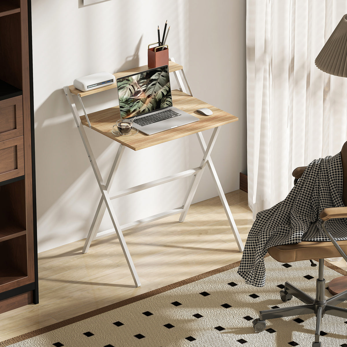Bureau pliable 65,5 x 45 cm avec étagère de rangement pour chambre, petits espaces, bois naturel