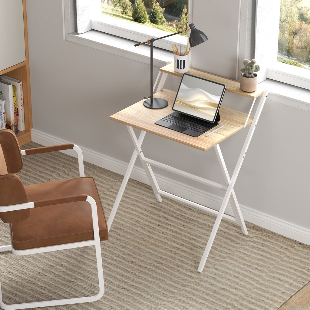 Bureau pliable 65,5 x 45 cm avec étagère de rangement pour chambre, petits espaces, bois naturel
