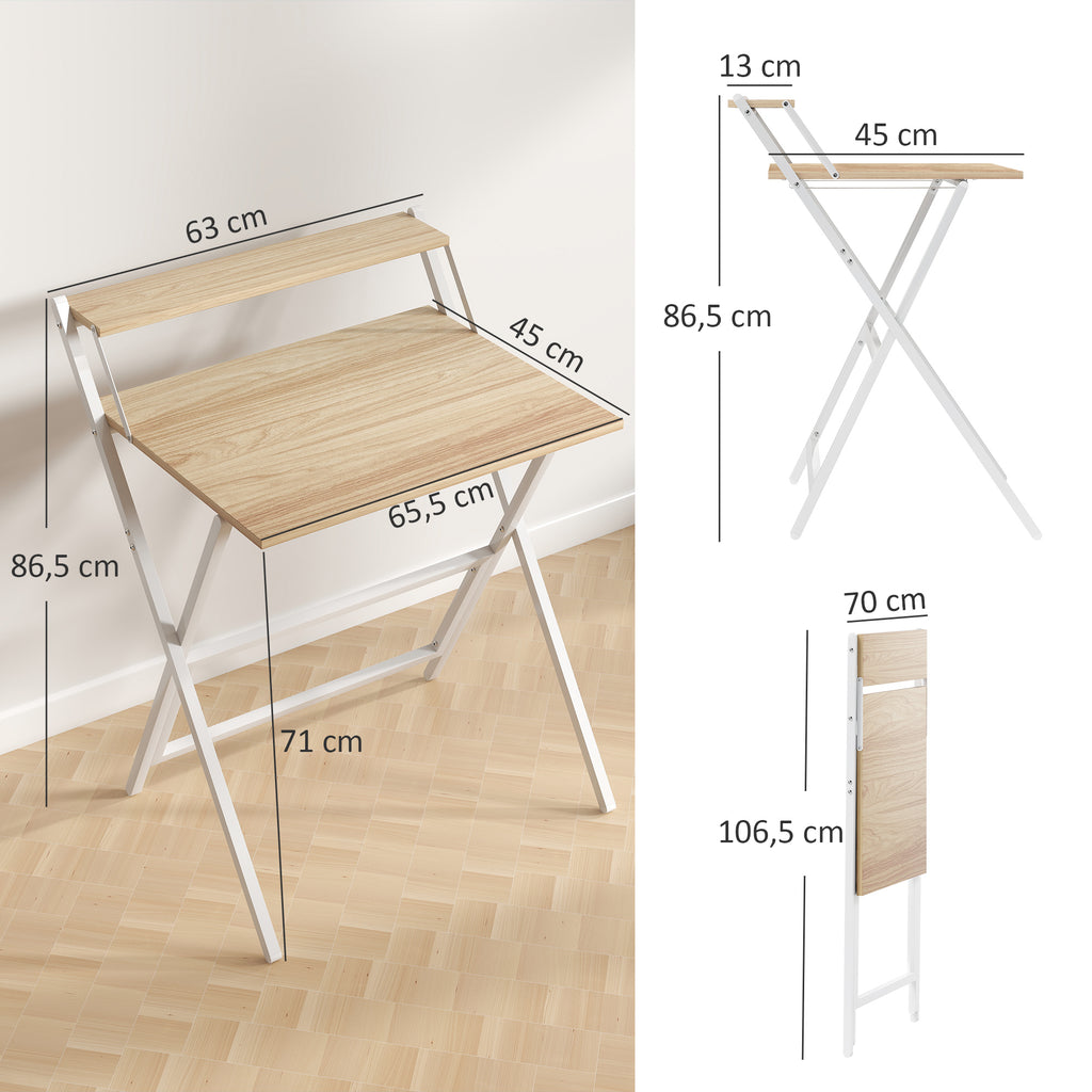 Bureau pliable 65,5 x 45 cm avec étagère de rangement pour chambre, petits espaces, bois naturel