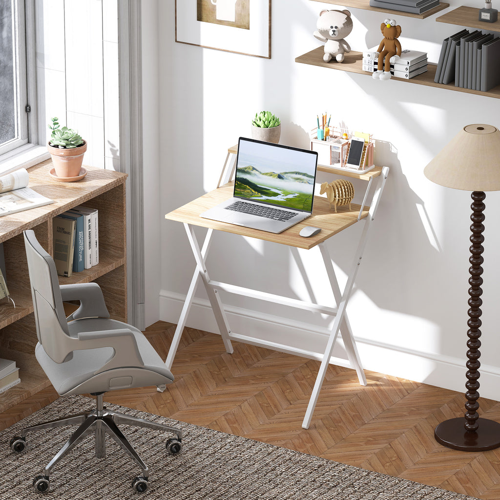 Bureau pliable 65,5 x 45 cm avec étagère de rangement pour chambre, petits espaces, bois naturel