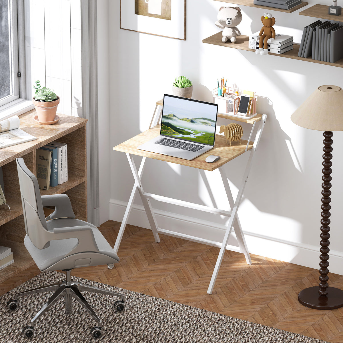 Bureau pliable 65,5 x 45 cm avec étagère de rangement pour chambre, petits espaces, bois naturel