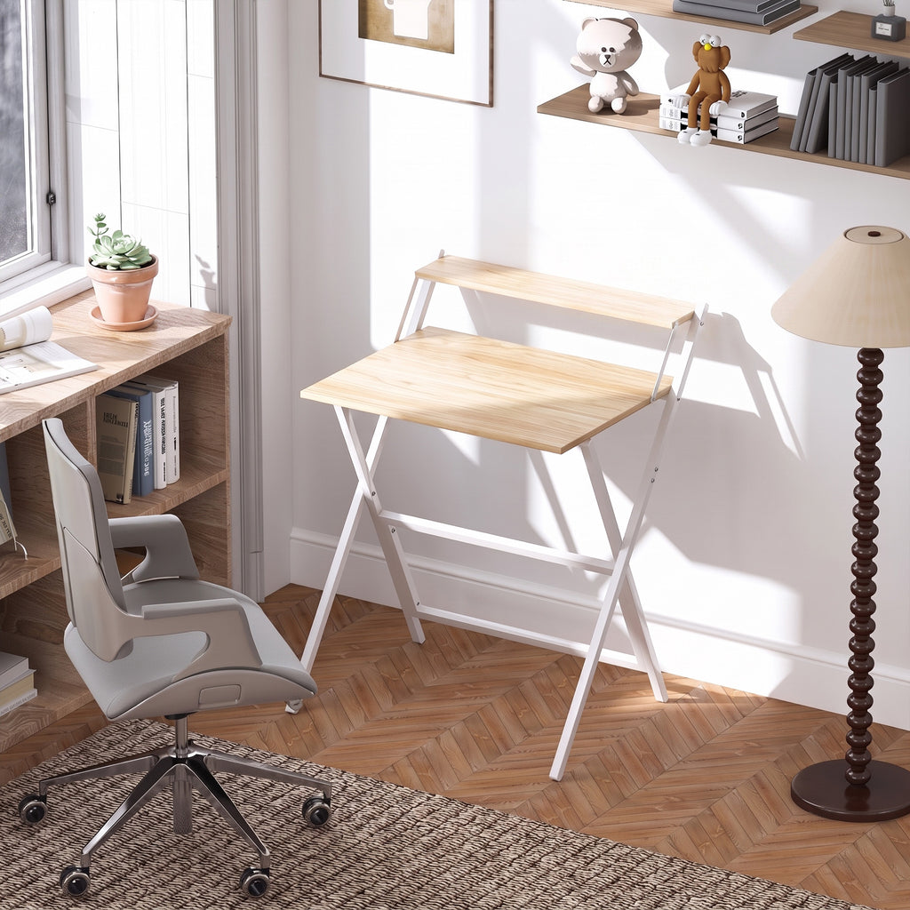 Bureau pliable 65,5 x 45 cm avec étagère de rangement pour chambre, petits espaces, bois naturel