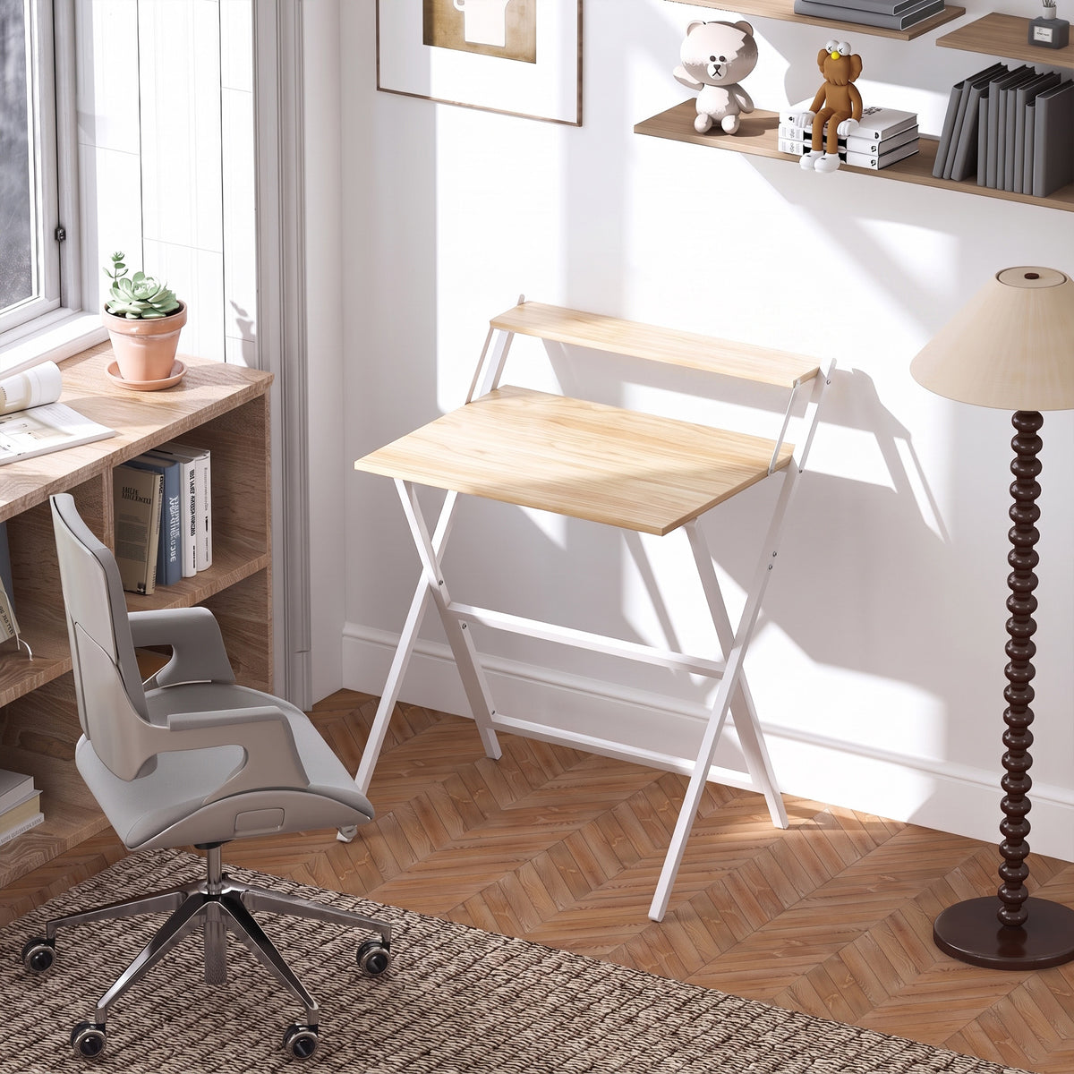 Bureau pliable 65,5 x 45 cm avec étagère de rangement pour chambre, petits espaces, bois naturel