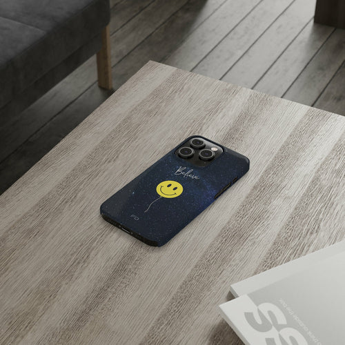 Smiley Face in Space Believe Slim Case for iPhone 14 Series