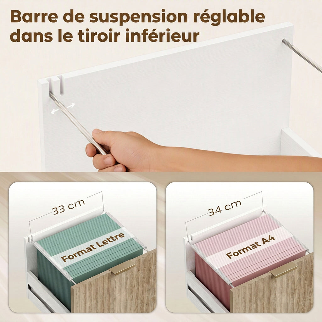 Support d'Imprimante sur Roulettes, 3 Tiroirs, 2 Étagères Ouvertes, Design Ondulé, 80x40x68cm, Blanc Chêne