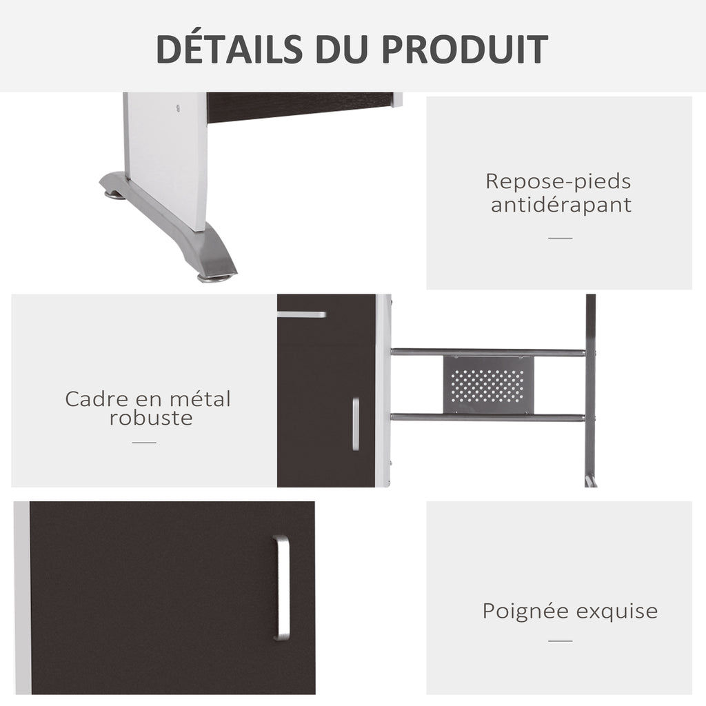 Bureau d'ordinateur, 100 x 52 x 75 cm, bureau avec tablette coulissante pour clavier, tiroirs et support d'unité centrale, table informatique pour étudier noyer foncé et blanc