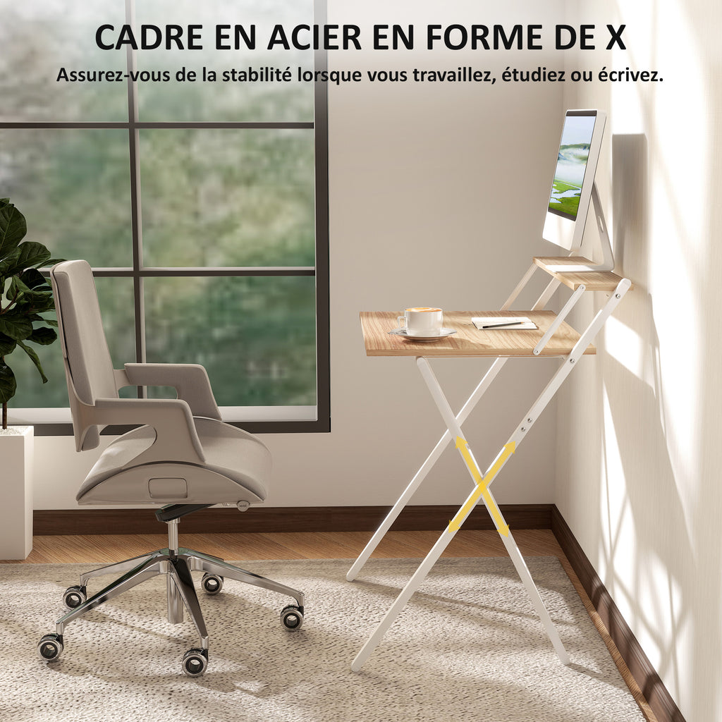 Bureau pliable 65,5 x 45 cm avec étagère de rangement pour chambre, petits espaces, bois naturel