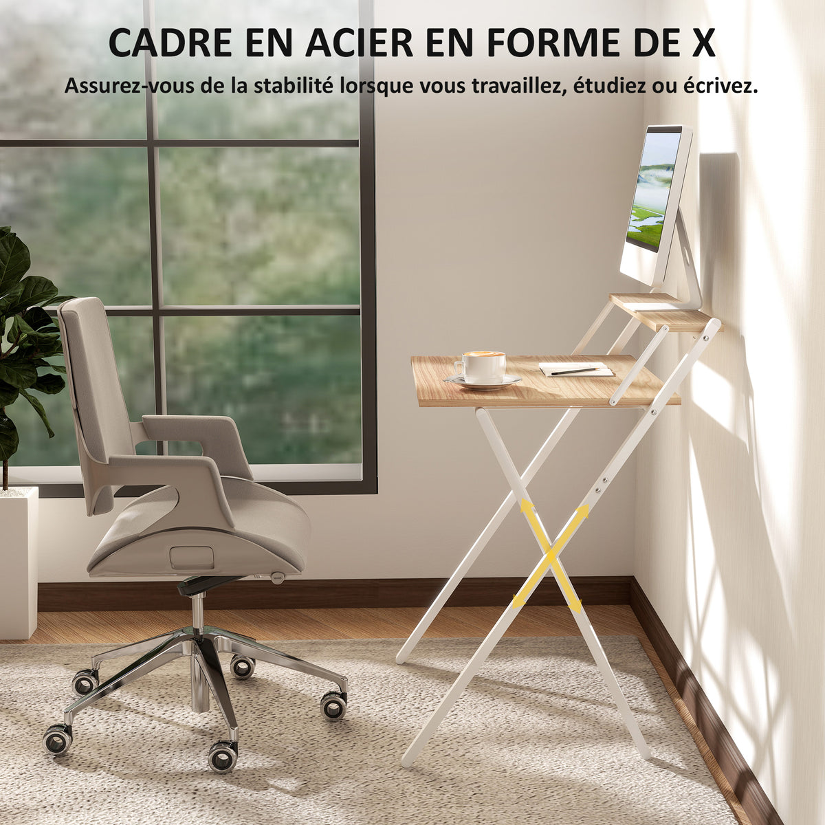 Bureau pliable 65,5 x 45 cm avec étagère de rangement pour chambre, petits espaces, bois naturel