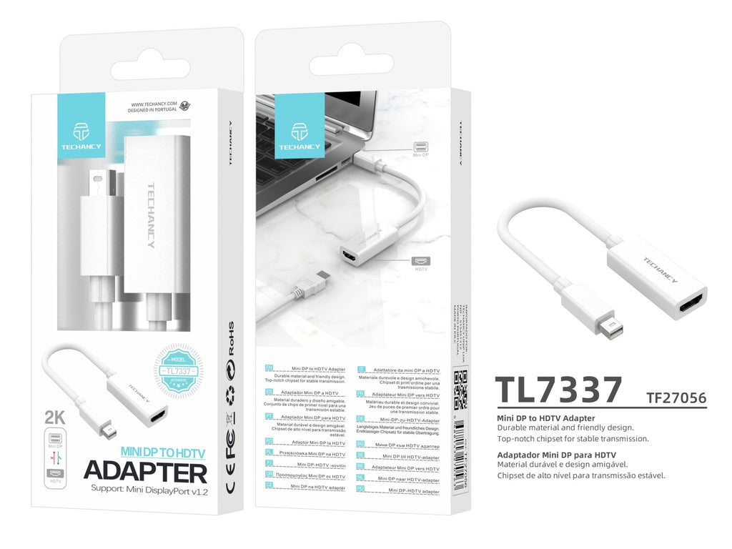 Adaptador de vídeo Techancy Mini DP para HDTV, TL7337, transmissão 2K HD, branco