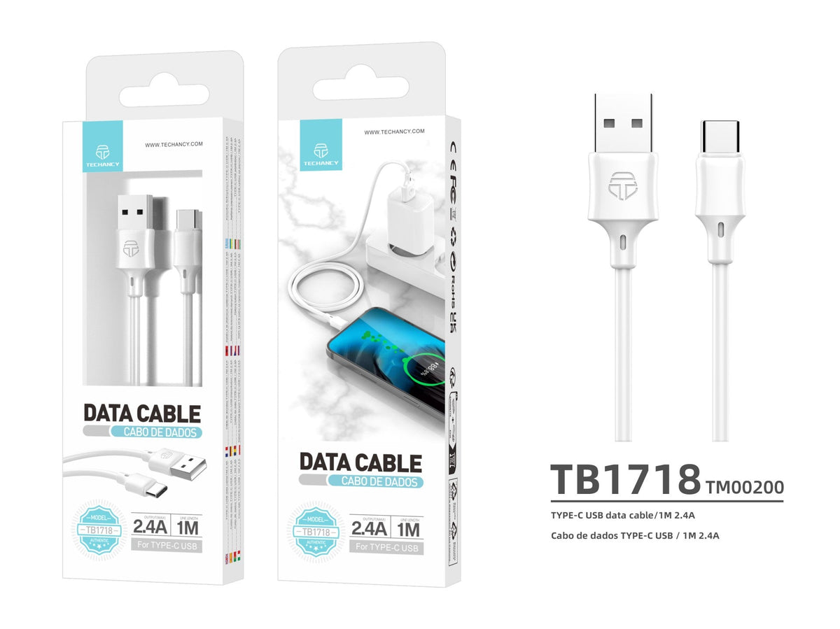 Techancy Cabo De Dados Usb-Tipo C 1M Branco TB1725, Carregamento De 2,4 A, Compatível Com Telemóveis Tipo C