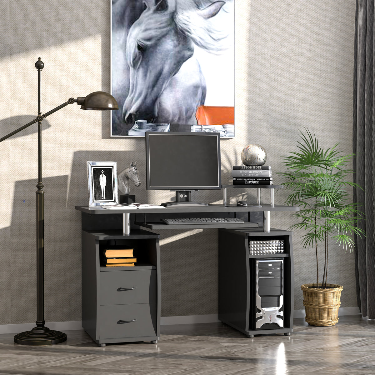 Bureau informatique étagères et tiroir, 120 x 50 x 85 cm, bureau d'ordinateur avec rangement support imprimant et clavier, table d'étude pour chambre, bureau, noir