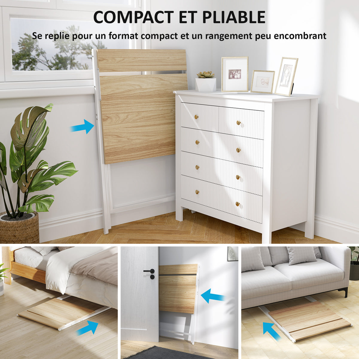 Bureau pliable 65,5 x 45 cm avec étagère de rangement pour chambre, petits espaces, bois naturel