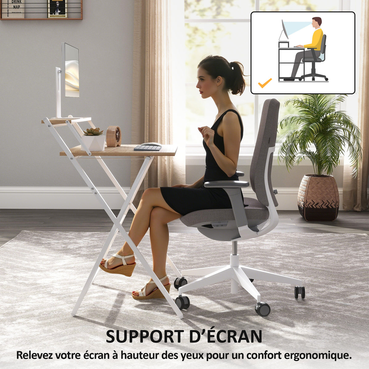 Bureau pliable 65,5 x 45 cm avec étagère de rangement pour chambre, petits espaces, bois naturel