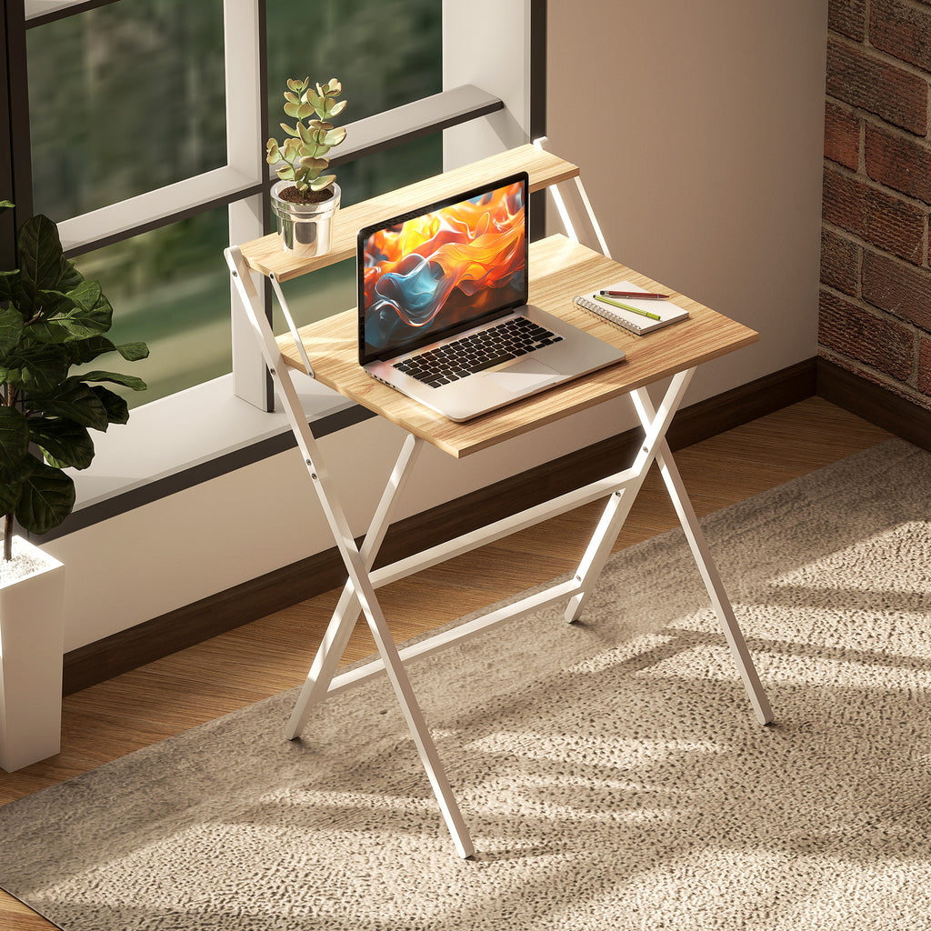 Bureau pliable 65,5 x 45 cm avec étagère de rangement pour chambre, petits espaces, bois naturel
