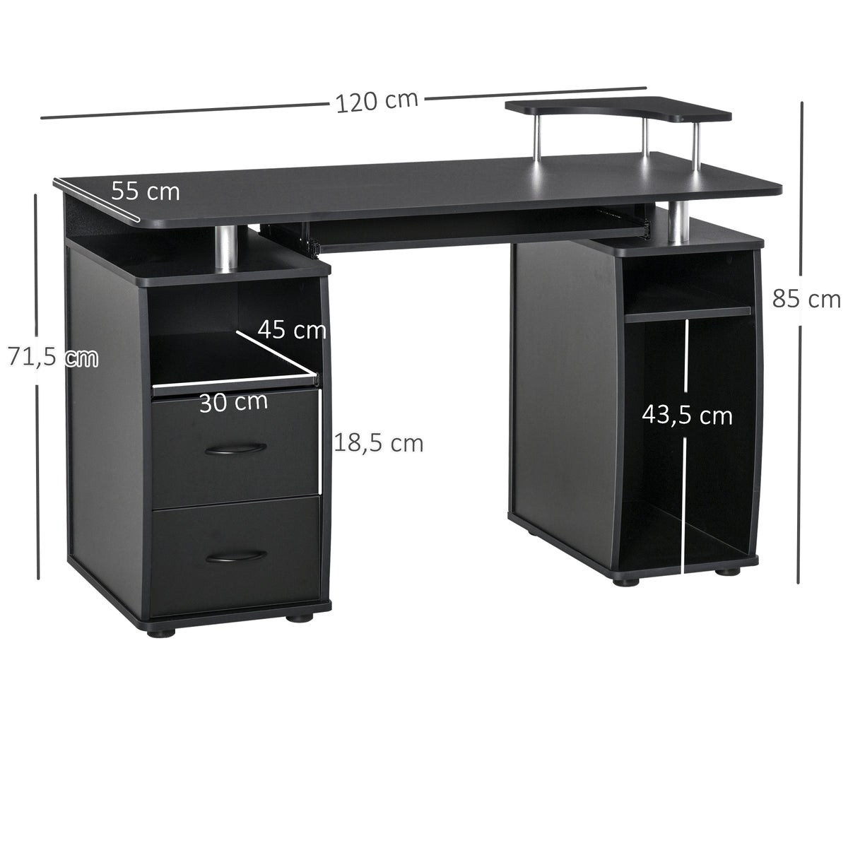 Bureau informatique étagères et tiroir, 120 x 50 x 85 cm, bureau d'ordinateur avec rangement support imprimant et clavier, table d'étude pour chambre, bureau, noir